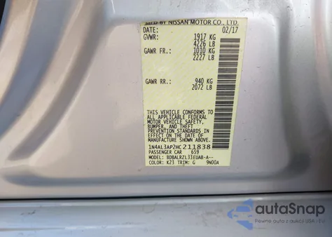 2017 Nissan Altima 2.5 Sl z USA, uszkodzony, nr VIN 1N4AL3AP2HC211838